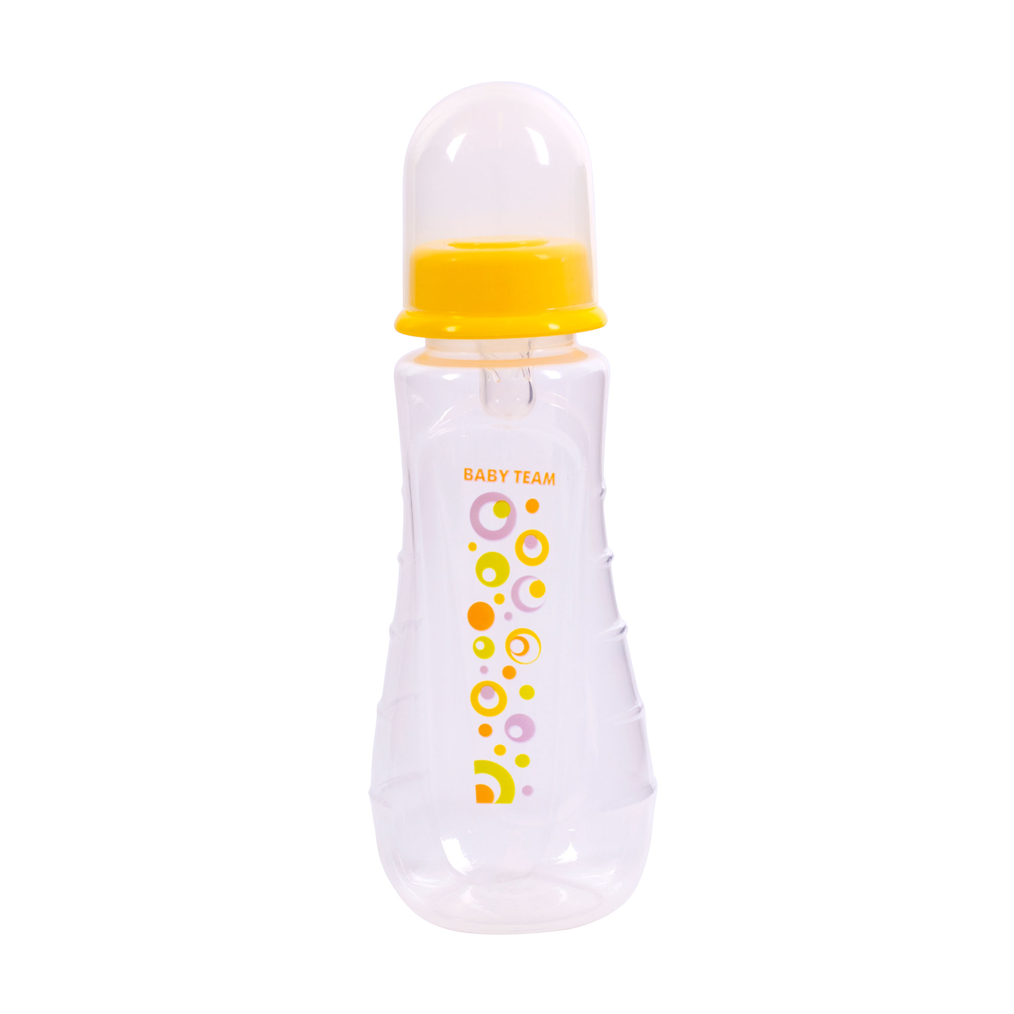 Дитяча пляшечка для годування Baby Team ергономічної форми з силіконовою соскою, від народження, жовта, 275 мл (1420)